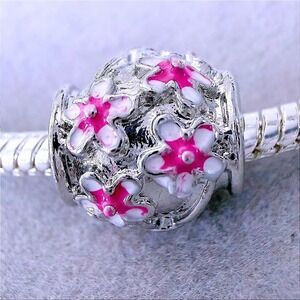 Pink Cherry Blossom Flower Enamel Bead Charm fits PANDORA